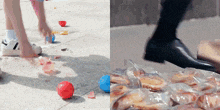 a person is standing on a pile of bread and a person is standing on a pile of bread