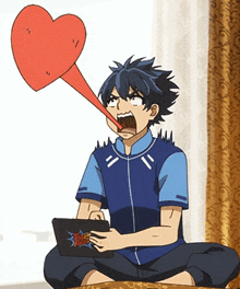 a cartoon of a boy with a heart in his mouth