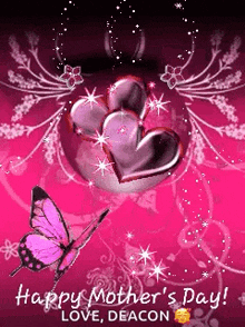 a happy mother 's day greeting card with hearts and butterflies on a pink background
