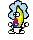 a pixel art drawing of a banana with a blue hat and a red shirt .