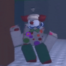 a clown is standing in a room wearing a hat and a sweater with polka dots .