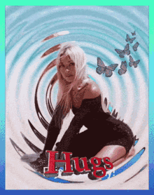 a picture of a woman kneeling down with the word hugs above her