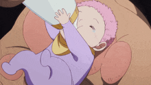 a cartoon baby with pink hair drinking from a bottle