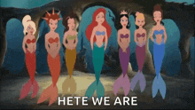 a group of mermaids from the little mermaid are standing next to each other in a cave .