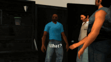 a man in a blue shirt is standing next to another man and says what