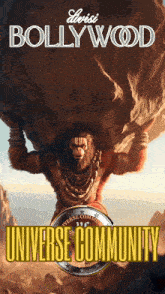 a poster for bollywood universe community with a monkey holding a large rock