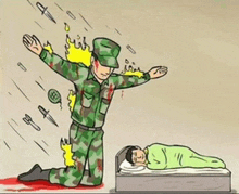 a cartoon of a soldier kneeling next to a sleeping man