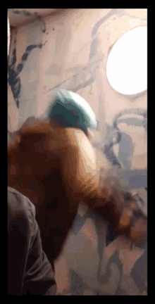 a man wearing a green hat is standing in front of a painting