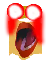 a cartoon face with red eyes and a mouth