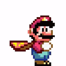 a pixel art of mario carrying a brown bag .