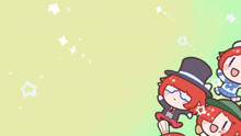 a group of cartoon characters with red hair and hats are stacked on top of each other on a green background