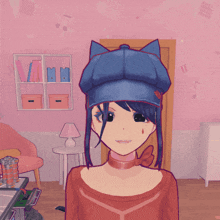 a cartoon girl wearing a blue hat with cat ears on it