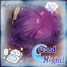 a picture of a girl with purple hair and the words good night on the bottom