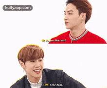two young men are talking to each other and one of them is asking the other if he likes cats or dogs .