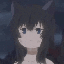 a girl with black hair and cat ears is making a face .