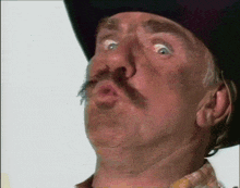 a man with a mustache wearing a cowboy hat making a funny face