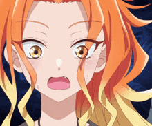 a close up of a cartoon character with orange hair