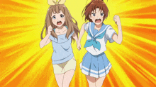 two anime girls with their mouths open are running