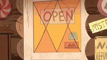 a cartoon drawing of an open sign hanging on a wall
