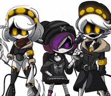 a group of three cartoon characters standing next to each other holding weapons .