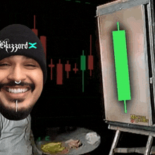 a man wearing a hat that says hazard stands in front of a chart