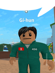 a cartoon character with the name gi-hun on the top of his head