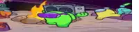a green among us character is wearing sunglasses and dancing in front of a fire .