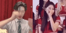 a man in a suit and tie is making a funny face and a woman in a red dress is crying .