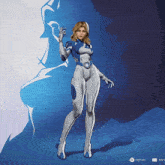 a woman in a blue and white suit is standing in front of a blue background with a button that says rotate on it