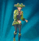 a cartoon character is wearing a frog hat and green clothes