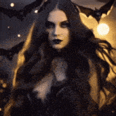 a woman with long dark hair and bats flying around her