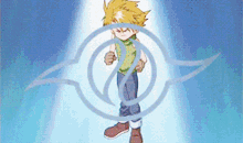 a boy in a green shirt is surrounded by a circle