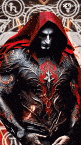 a man with a red hood is standing in front of a circle with a r on it