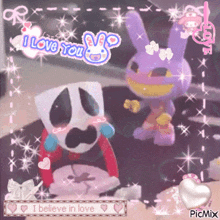 a picture of a marshmallow and a purple bunny with the words i love you written on it