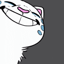 a cartoon drawing of a cat 's face with a pink heart in its mouth