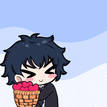 a cartoon character is holding a basket of hearts