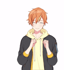 a boy with orange hair is waving his hand