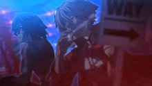 two anime characters standing in front of a sign that says " way "