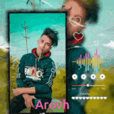 a picture of a young man with the name arovh on the bottom right