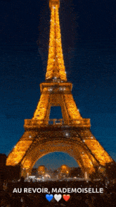 the eiffel tower is lit up at night with the words au revoir mademoiselle