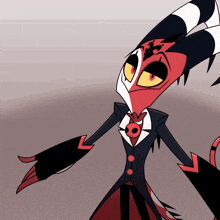a cartoon character is wearing a black and red suit