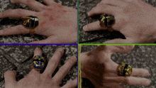four images of a person 's hands with different colored rings on them