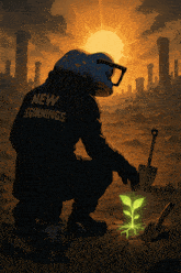 a frog wearing a black jacket that says " new beginnings "