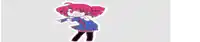 a cartoon girl with pink hair and a blue dress is standing on a gray background .