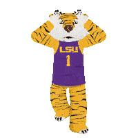 a tiger mascot is wearing a purple jersey with lsu on it