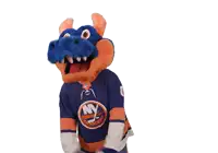 a mascot for the new york islanders is wearing a blue and orange jersey