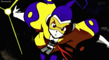 a cartoon character is flying through the air with clemontic on the bottom right