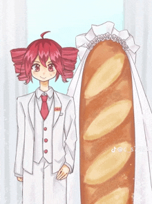 a drawing of a girl and a loaf of bread with roses on it