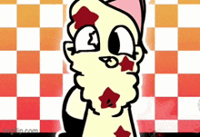 a cartoon character with a checkered background and red hearts on his face .