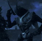 a statue of a monster holding a sword against a starry sky